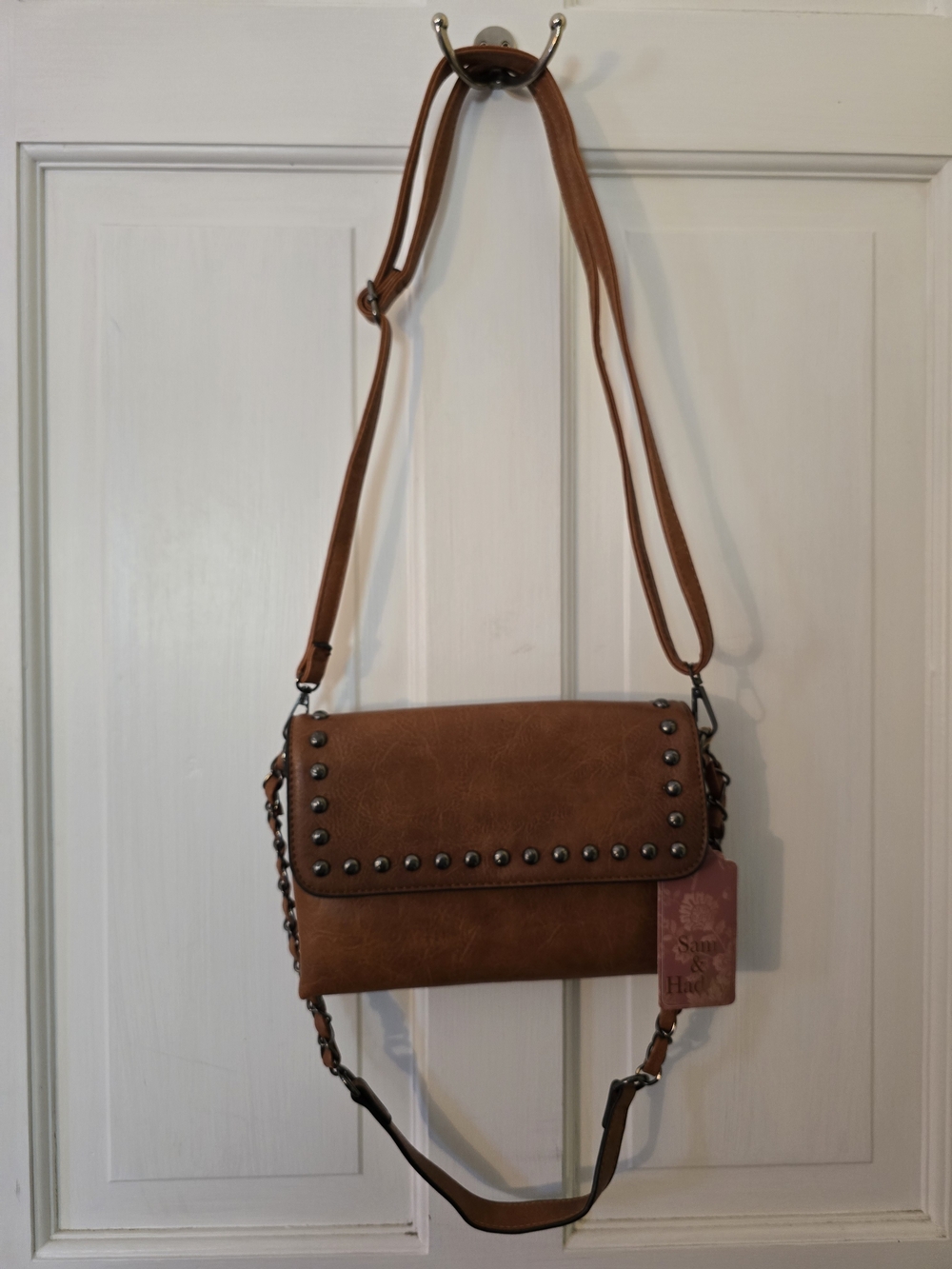 Sam & Hadley Vegan Boho Studded Flap Crossbody Bag in Cognac NWT